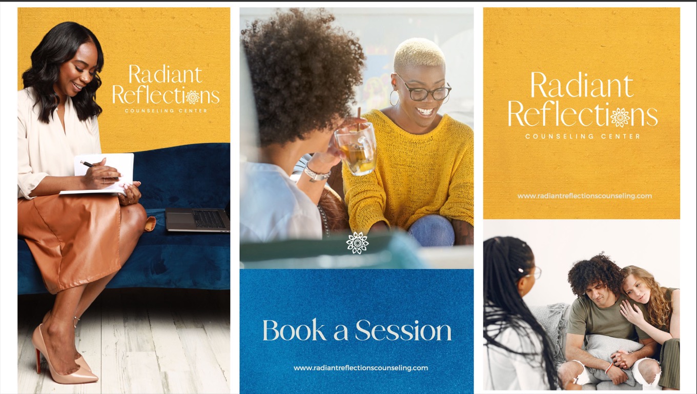 Radiant Reflections brand imagery and 'Book a Session' collage.